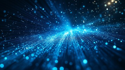 Poster - Blue light rays and fiber optic cables glowing on black background