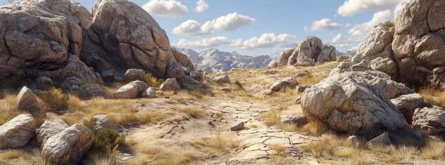 Poster - A scenic landscape featuring rocky terrain and distant mountains under a blue sky with clouds.