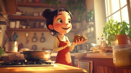 Poster - A joyful girl in a kitchen holds cookies, surrounded by cooking utensils and plants.