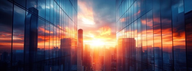 Poster - A vibrant sunset viewed between modern skyscrapers, highlighting urban architecture.