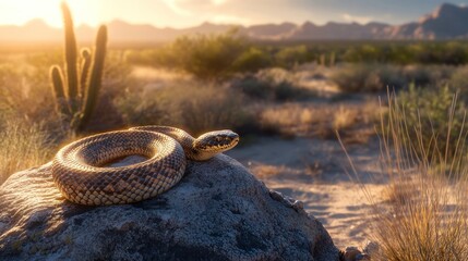 Sticker - A snake resting on a rock in a desert landscape during sunset.