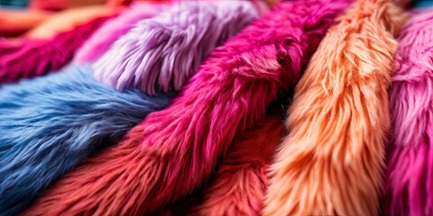 A bunch of colorful fur with a pink and orange one in the middle