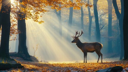 Wall Mural - A serene forest scene featuring a deer illuminated by sunlight through autumn trees.