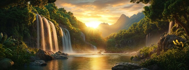 Wall Mural - A serene landscape featuring waterfalls, lush greenery, and a sunset over a tranquil river.