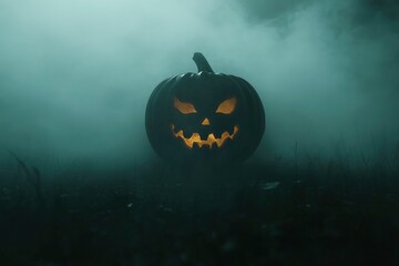 Wall Mural - Halloween pumpkin head jack in darkness night with fog - generative ai