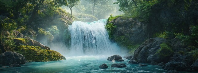 Wall Mural - A serene waterfall cascading into a tranquil pool surrounded by lush greenery.