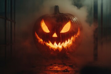 Wall Mural - Halloween pumpkin head jack in darkness night with fog - generative ai