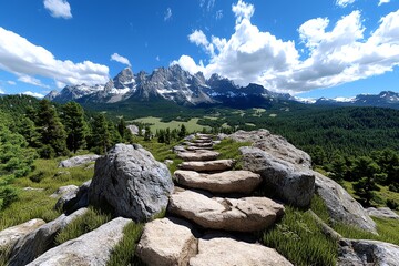 Aufkleber - 3D digital rendering of a scenic outdoor hike, where users can explore the rugged trails, mountains, and forests in a fully interactive virtual environment
