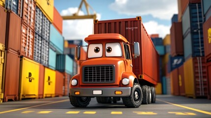 A cheerful cartoon truck in a shipping yard surrounded by colorful containers.