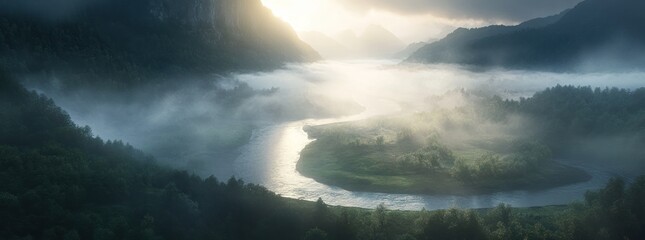 Wall Mural - Serene river landscape shrouded in mist at dawn, showcasing nature's tranquility.