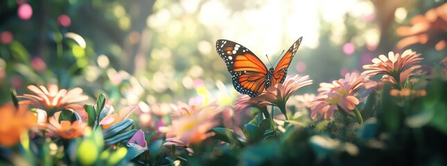 Poster - A vibrant butterfly perched on colorful flowers in a sunlit garden.