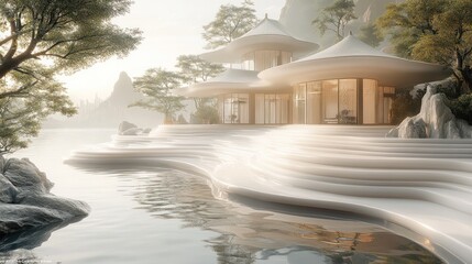 Wall Mural - Serene modern architecture by a tranquil water body.