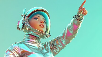 Wall Mural - a futuristic astronaut pointing upwards in a metallic suit against a vibrant background.
