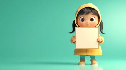 Wall Mural - A cheerful child in a yellow raincoat holding a blank sign, ready for creative expression.