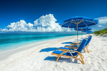 A beach scene with two blue lounge chairs and a umbrella. The chairs are facing the ocean and the umbrella is providing shade.
