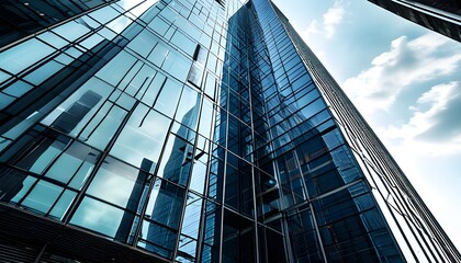 Wall Mural - sleek glass skyscraper in urban setting with reflective steel facade showcasing the sky and bustling street life