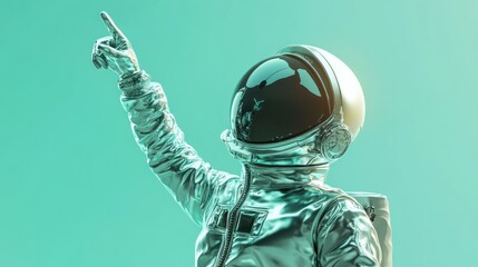 Wall Mural - a futuristic astronaut in a reflective suit points upward against a teal background.