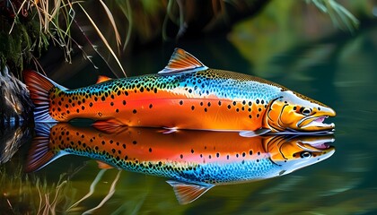 Wall Mural - Vibrant salmon with shimmering scales showcasing vitality and freshness, a prized catch for fishing enthusiasts