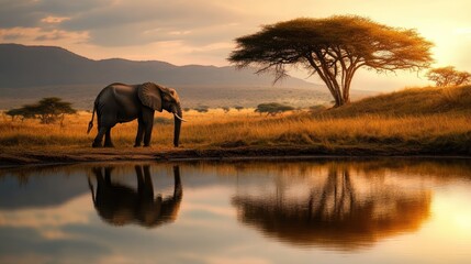 Wall Mural - A serene landscape featuring an elephant by a reflective water body at sunset.