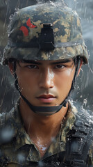 Sticker - Young Asian soldier stares into the camera, drenched in rain.