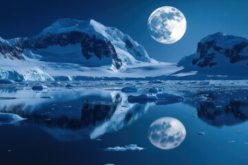 Wall Mural - A serene polar landscape under a full moon, reflecting on icy waters.