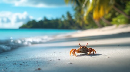 Wall Mural - A small crab on a sandy beach with tropical scenery in the background.