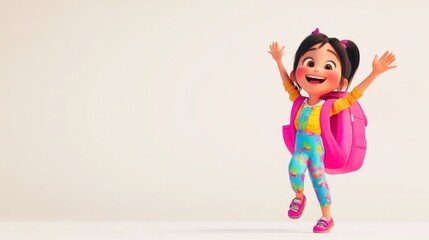 Wall Mural - A cheerful girl with a backpack jumps joyfully, showcasing excitement and adventure.