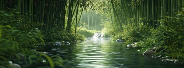 Poster - A serene bamboo forest with a tranquil stream flowing through it.