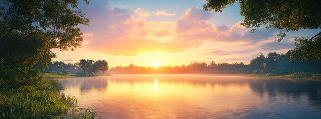 Poster - A serene sunset over a calm lake, surrounded by lush greenery and soft clouds.