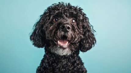 A cheerful black dog with curly fur against a light blue background.