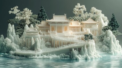 Wall Mural - Intricate architectural model of a serene, traditional structure.