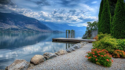 Wall Mural - A serene lake view with a wooden dock, mountains in the background, and a gravel path leading to the water.