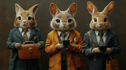 Sticker - Three bunnies in suits and ties hold briefcases and phones.