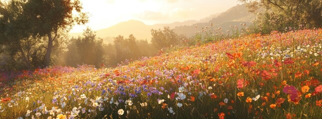 Poster - A vibrant field of wildflowers illuminated by sunlight, creating a serene landscape.