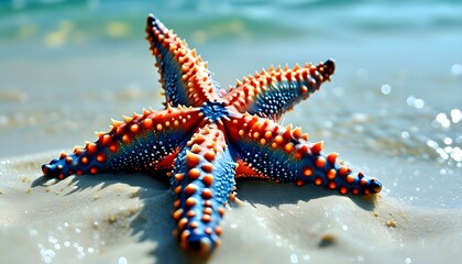 Wall Mural - Vibrant starfish elegantly resting on sandy seabed, showcasing distinctive arms radiating in beautiful ocean hues