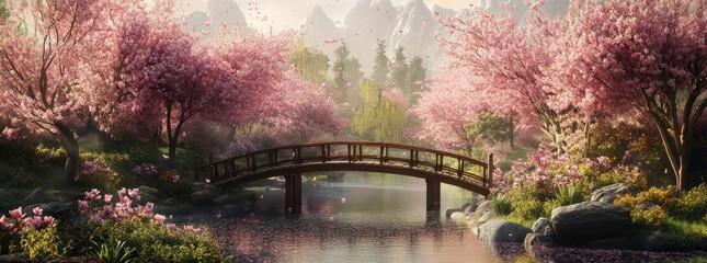 Poster - A serene landscape featuring a wooden bridge over a tranquil pond surrounded by cherry blossoms.