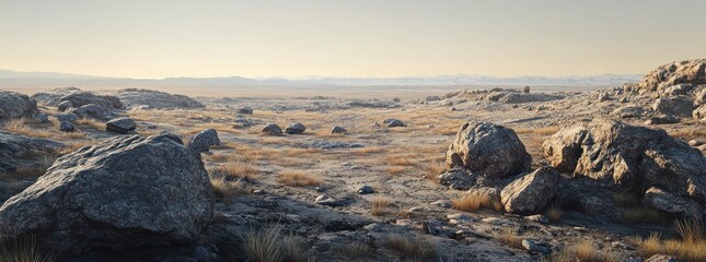 Poster - A vast, rocky landscape with sparse vegetation under a clear sky.