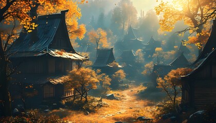 Wall Mural - Enchanted autumn village glowing beneath a canopy of golden leaves in a mystical forest