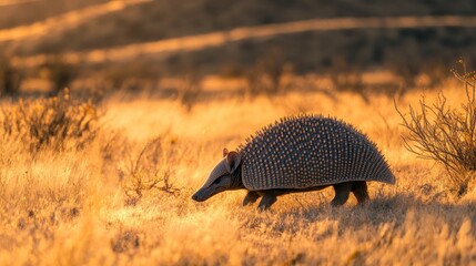 Poster - A spiny anteater walking through a golden grassland at sunset.