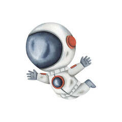 Wall Mural - Space watercolor hand-drawn illustration with cute little astronaut in a space suit and helmet flying in zero gravity. Сartoon element for kids