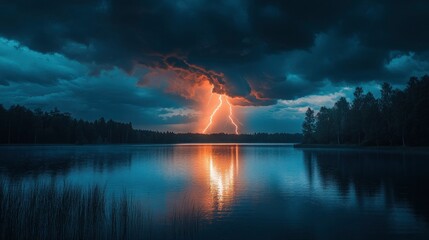 A thunderstorm over a serene lake, with lightning bolts reflecting off the water's surface and creating dramatic patterns of light. The dark storm clouds and bright flashes of light contrast with the