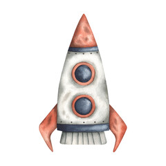 Wall Mural - Space watercolor hand-drawn illustration with cute orange-blue rocket with a porthole. Сartoon element for kids