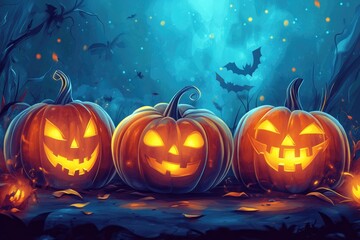 Wall Mural - Halloween event background with charming upscale pumpkins. Premium illustration for banners, posters, greetings and Halloween celebrations - generative ai