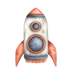 Wall Mural - Space watercolor hand-drawn illustration with cute orange-blue rocket with a porthole. Сartoon element for kids