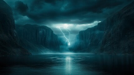 A thunderstorm over a scenic fjord, with lightning bolts illuminating the dramatic cliffs and the still waters below. The dark storm clouds and bright flashes of light create a striking contrast with