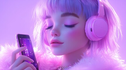 A serene young woman with pastel hair enjoys music on her phone in a vibrant, colorful setting.