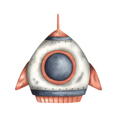 Wall Mural - Space watercolor hand-drawn illustration with cute orange-blue rocket with a porthole. Сartoon element for kids