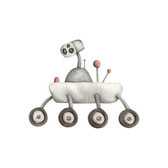 Wall Mural - Space watercolor hand-drawn illustration with cute orange-grey mars rover or lunar rover. Сartoon element for kids