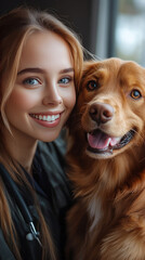 Canvas Print - A smiling young woman hugs her golden retriever.