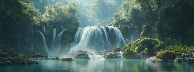 Wall Mural - A serene waterfall cascading into a tranquil pool, surrounded by lush greenery and mist.